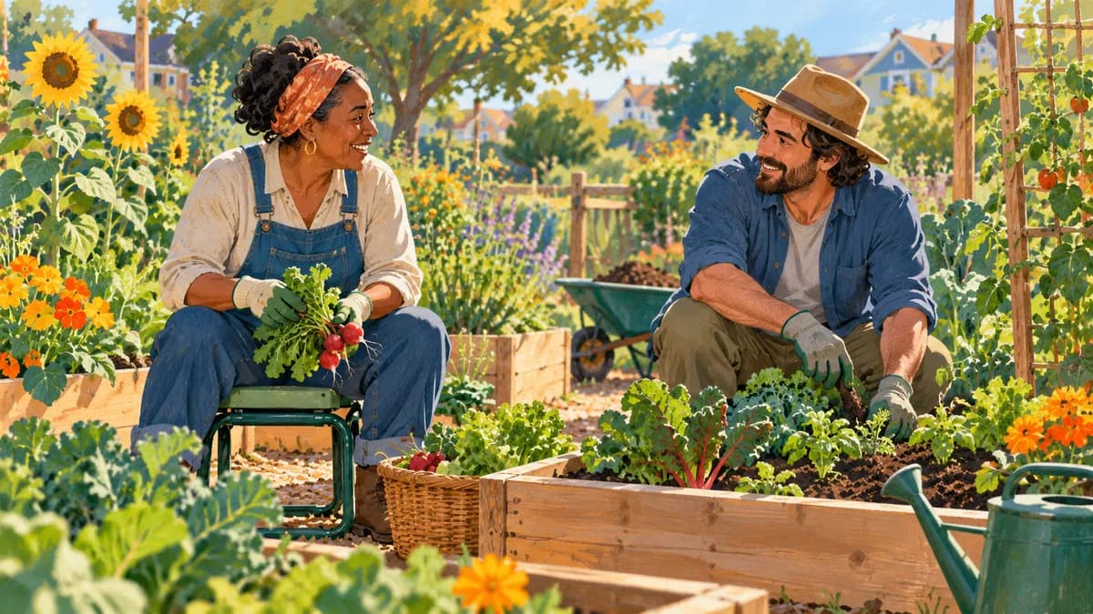 Illustration: two adults chatting while tending raised vegetable beds.