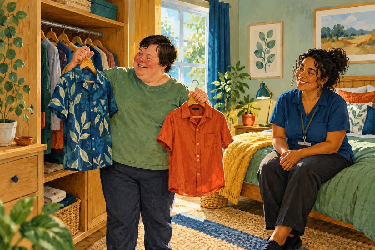 Illustration: an adult choosing clothes while a support worker waits nearby.