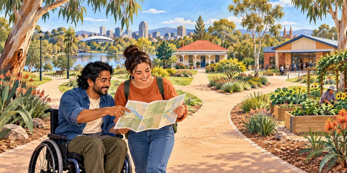 Illustration: two adults considering a map beside paths leading to community places.