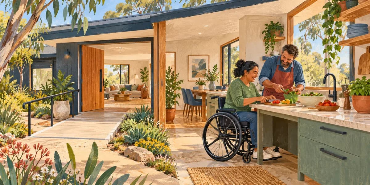 Illustration: an accessible home with two adults preparing a meal in the kitchen.