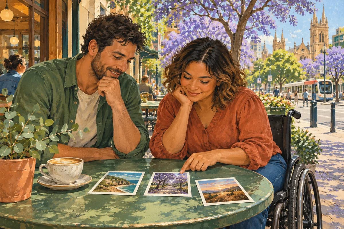 Illustration: two adults comparing photographs at a leafy Adelaide cafe.