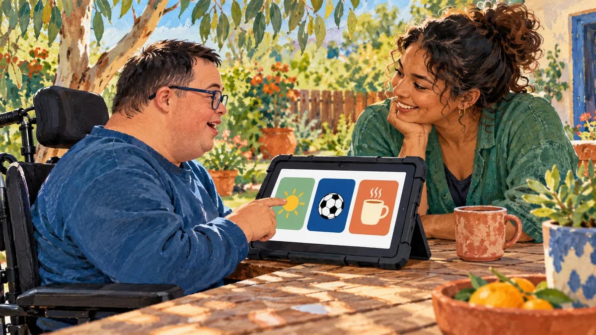 Illustration: an adult using a communication tablet while a supporter listens.