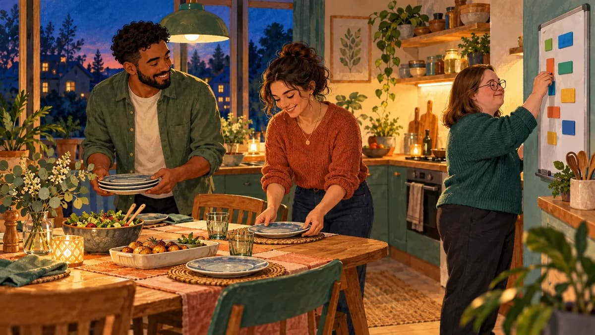 Illustration: adults organising dinner in a welcoming shared-home kitchen.