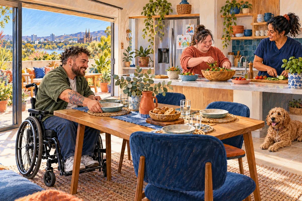 Illustration of housemates setting a table and preparing food with everyday support